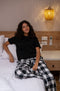 Women summer pajama set Black T-shirt + Black X White Checkered Pants